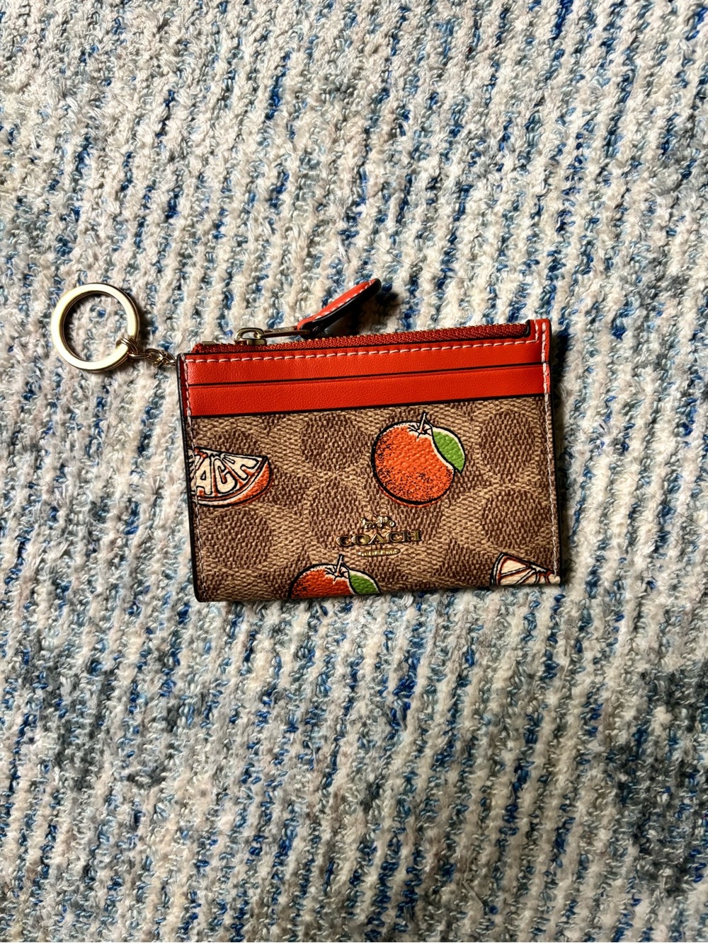 Coach Orange Trim Signature Fruit Print Card Case with Key Ring